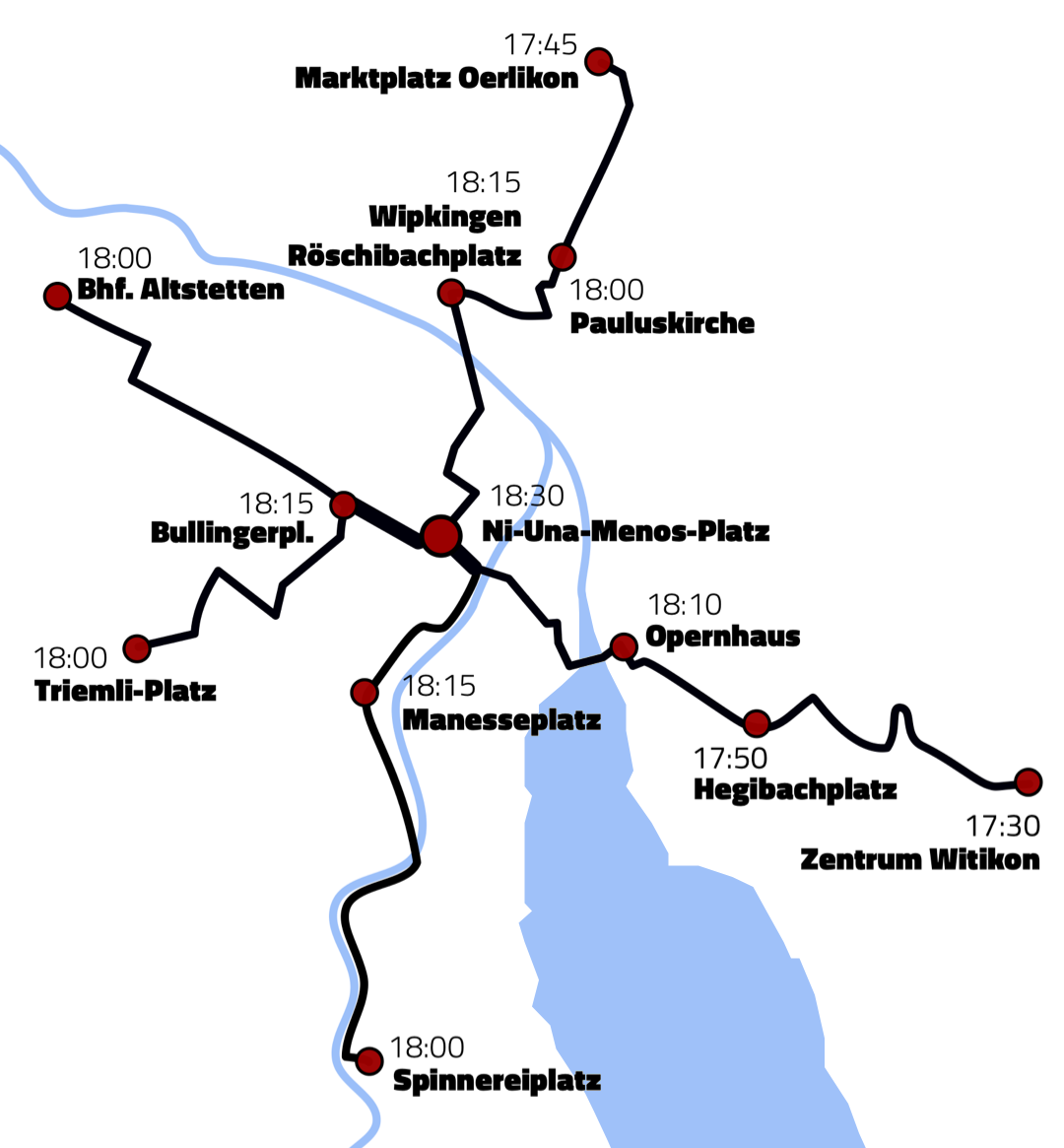 Plan der Sternfahrt zur Velodemo, mit Startpunkten in den Aussenquartieren