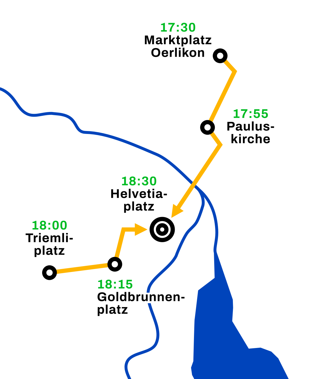 Plan der Sternfahrt zur Velodemo, mit Startpunkten in den Aussenquartieren